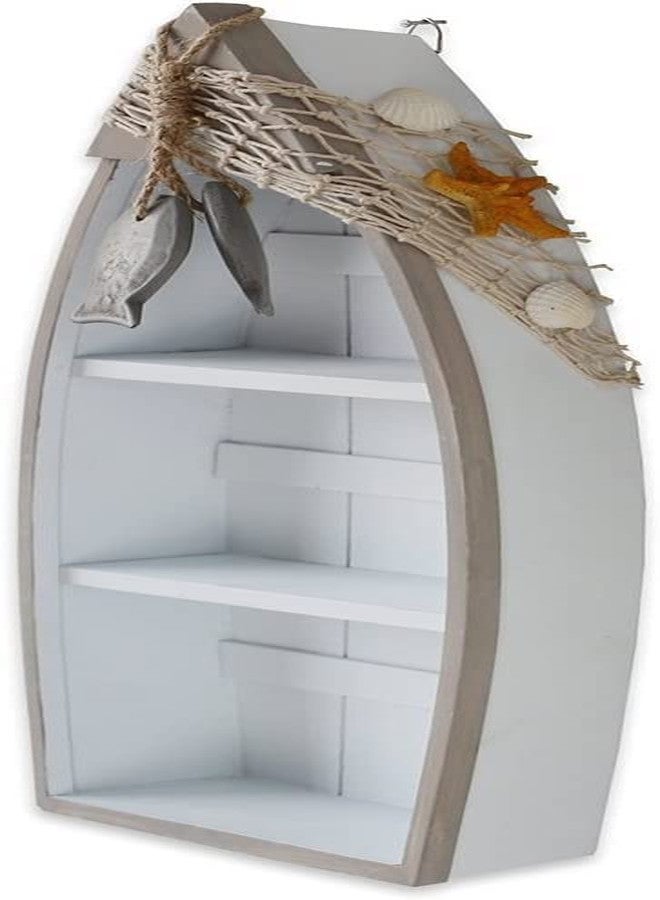 Linfevisi Wood Boat Shelf Decor Beach Theme Standing Boat Shelf Wooden Boat Decor Boat Book Shelf Nautical Decor Standing Boat Display with Net Starfish Seashell Accent Home Decor for Bathroom 16.5" - Image 1